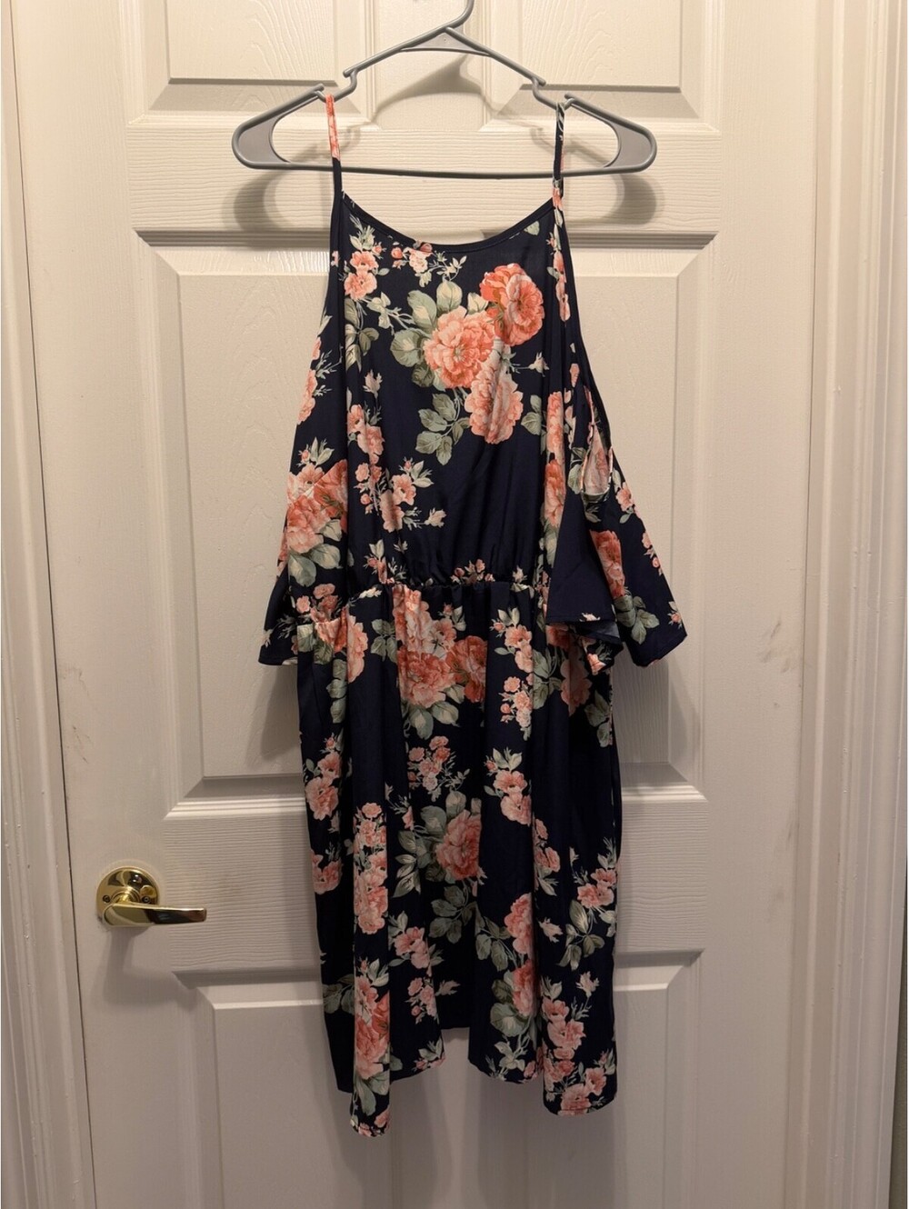 Romwe Boho Navy Floral Cold Shoulder Short Sleeve A Line Dress 3XL